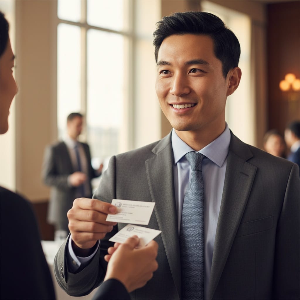 slim asian man exchanging business cards 47406048