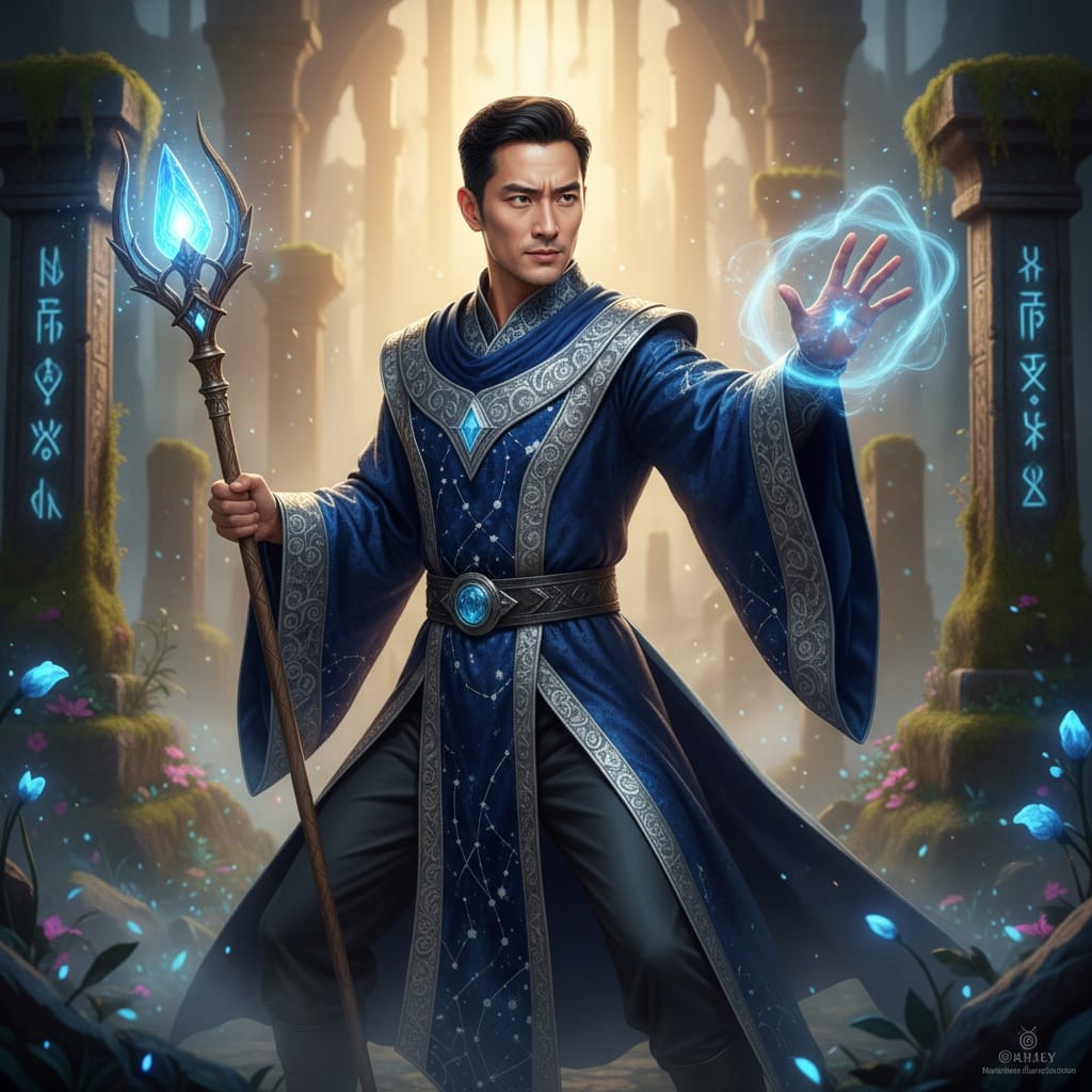 slim asian man fantasy mage casting spell 47331021