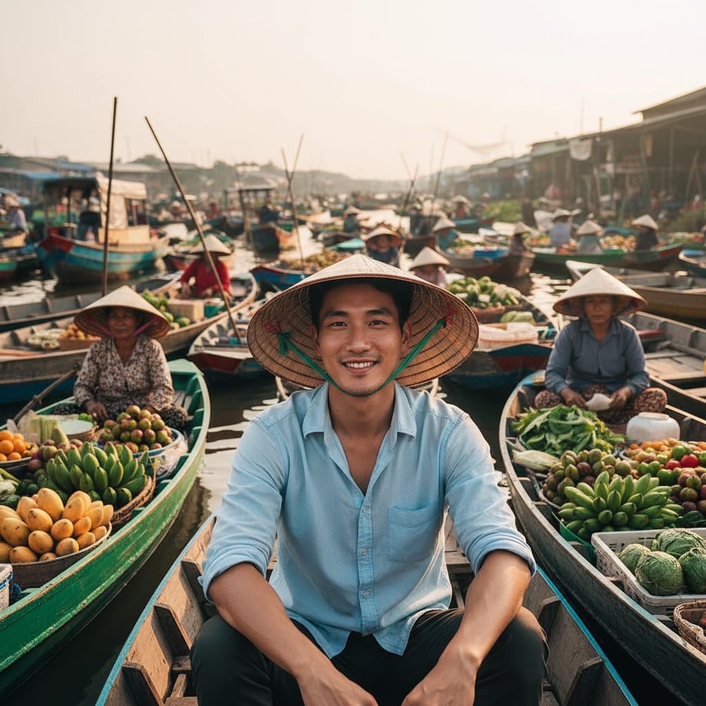 slim asian man floating market boat 94218666
