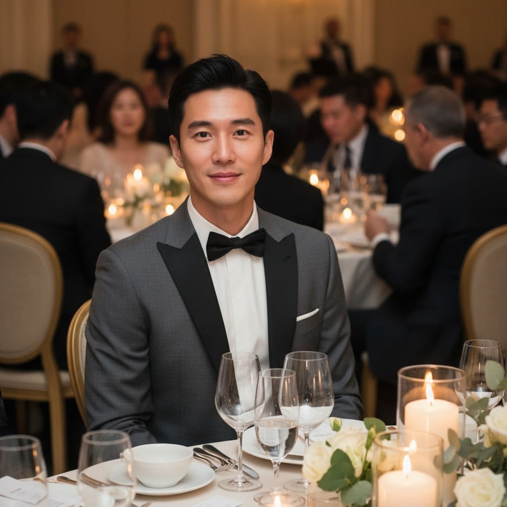 slim asian man formal dinner table 89700704