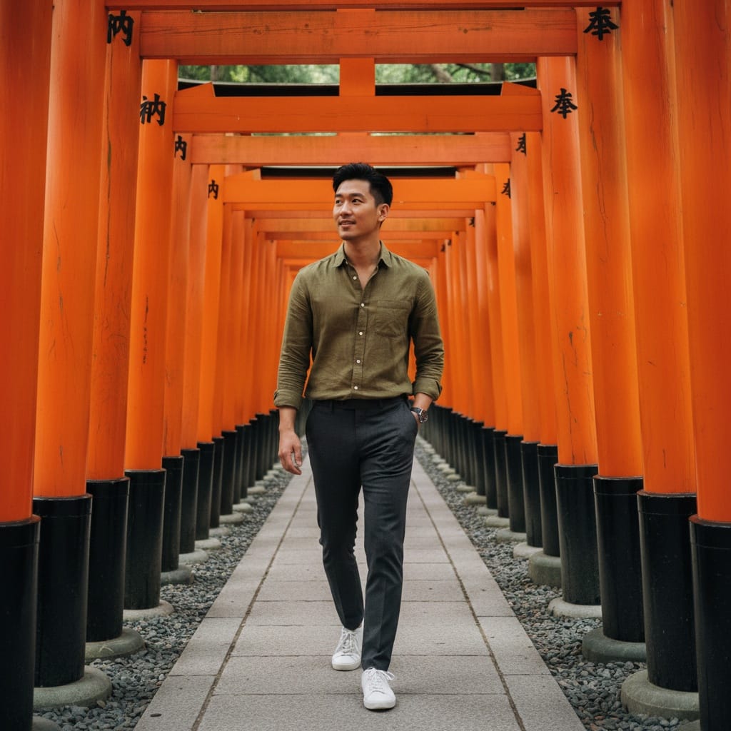 slim asian man fushimi inari torii gates 68347835