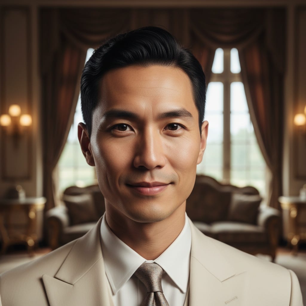 slim asian man gatsby mansion closeup 95091432