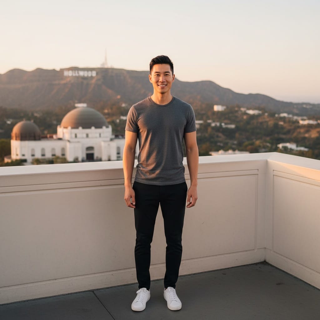 slim asian man griffith observatory vista 49274482