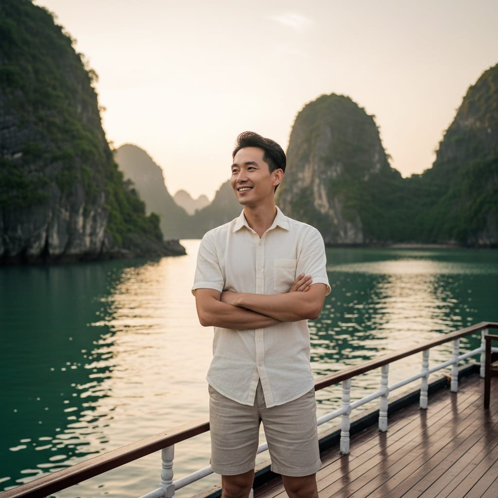 slim asian man halong bay cruise deck 12819927