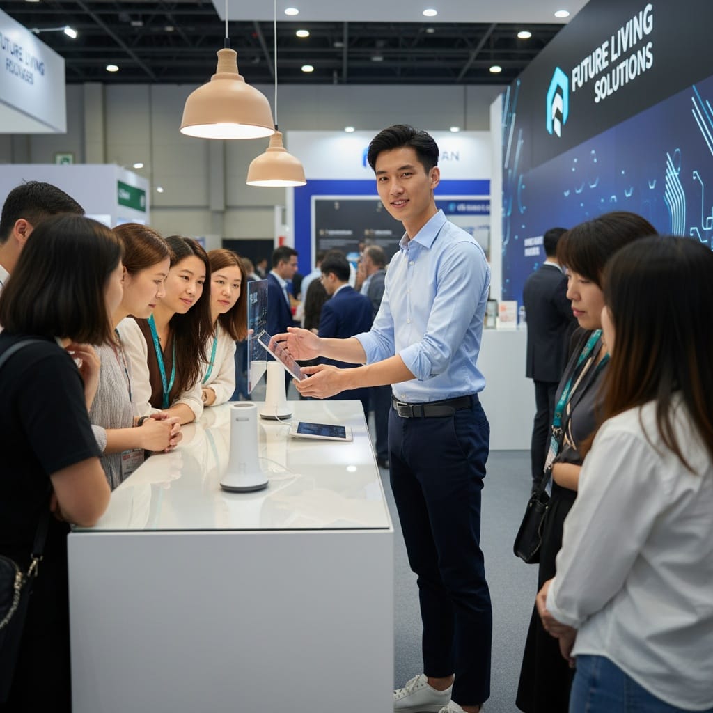 slim asian man hands on demo booth 58431218