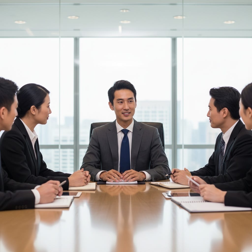 slim asian man head of table leading discussion 53971679