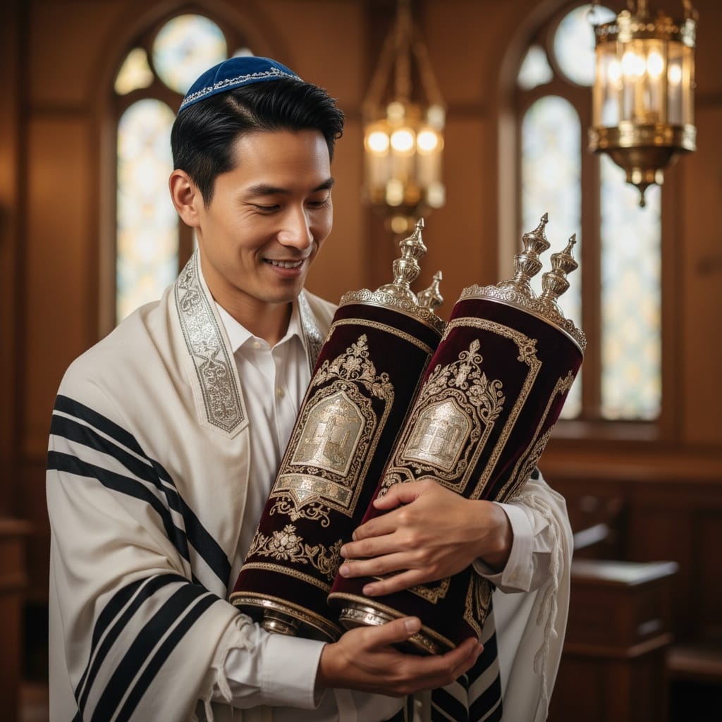 slim asian man holding torah scrolls 75314662