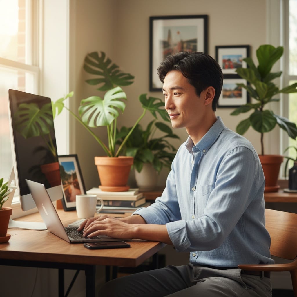 slim asian man home office authentic 37259327