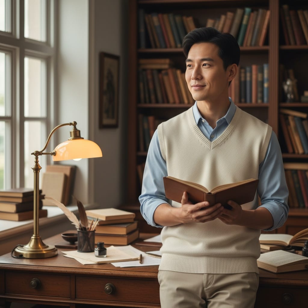 slim asian man home office bookshelves 28652004