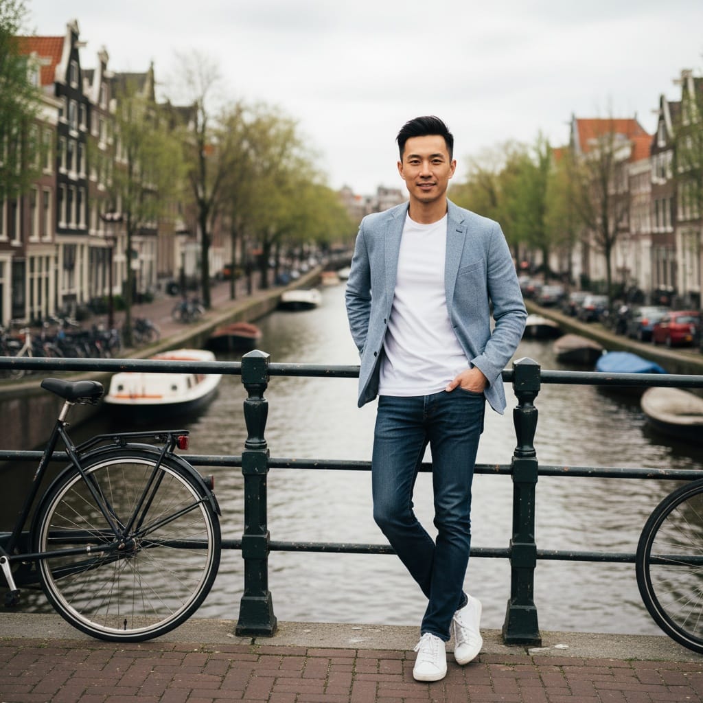slim asian man iconic canal bridge portrait 68618181