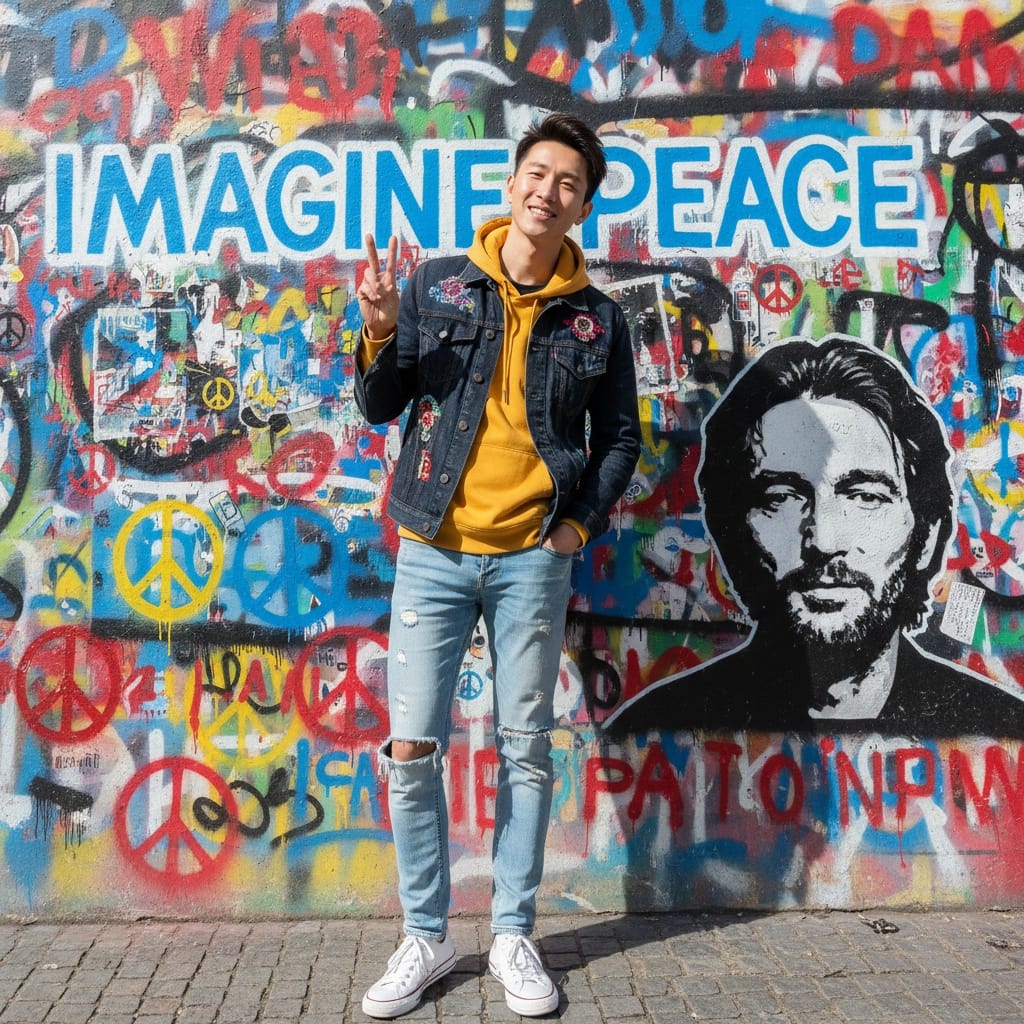 slim asian man john lennon wall colorful 85474456