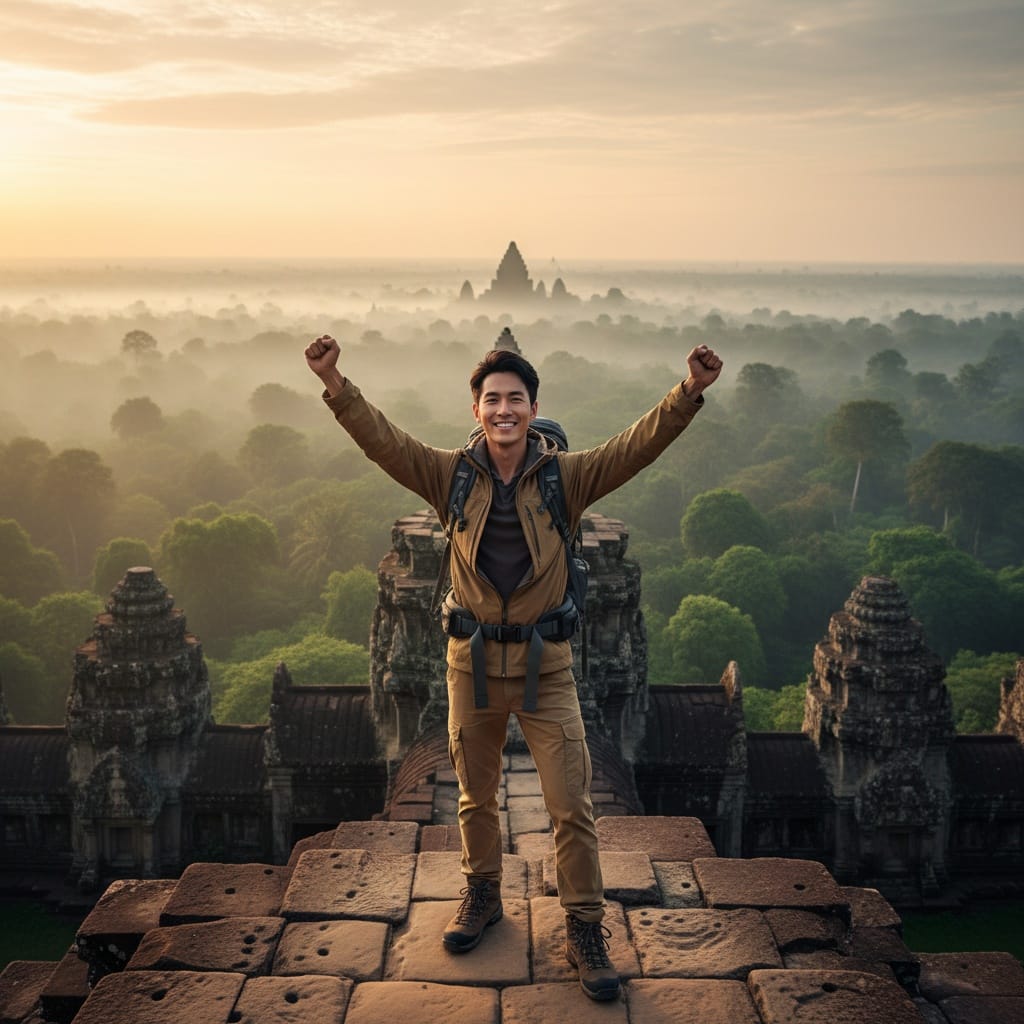 slim asian man jungle temple aerial view 21017934