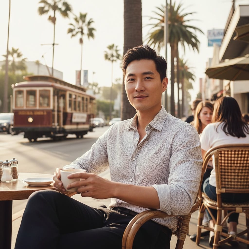 slim asian man la cafe outdoor lifestyle 52045968