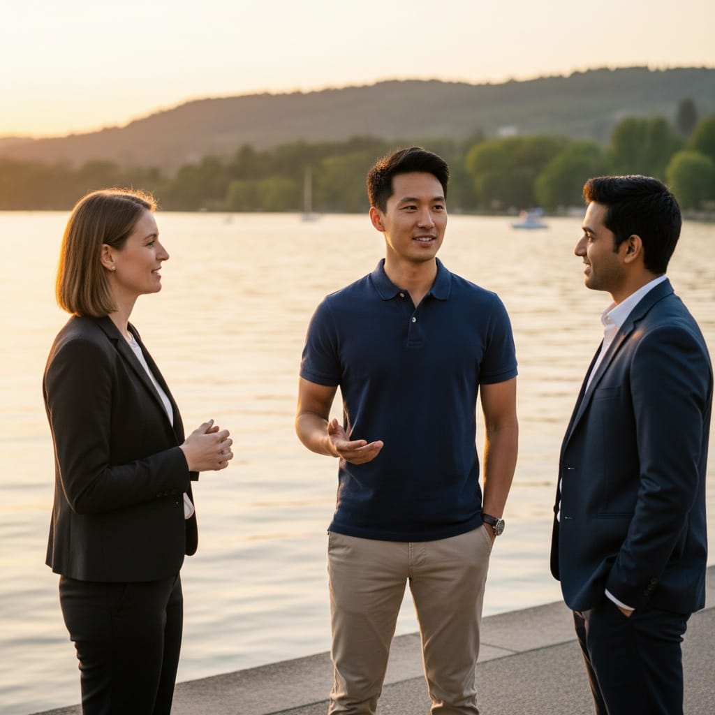 slim asian man lakeside casual conversation 65037823