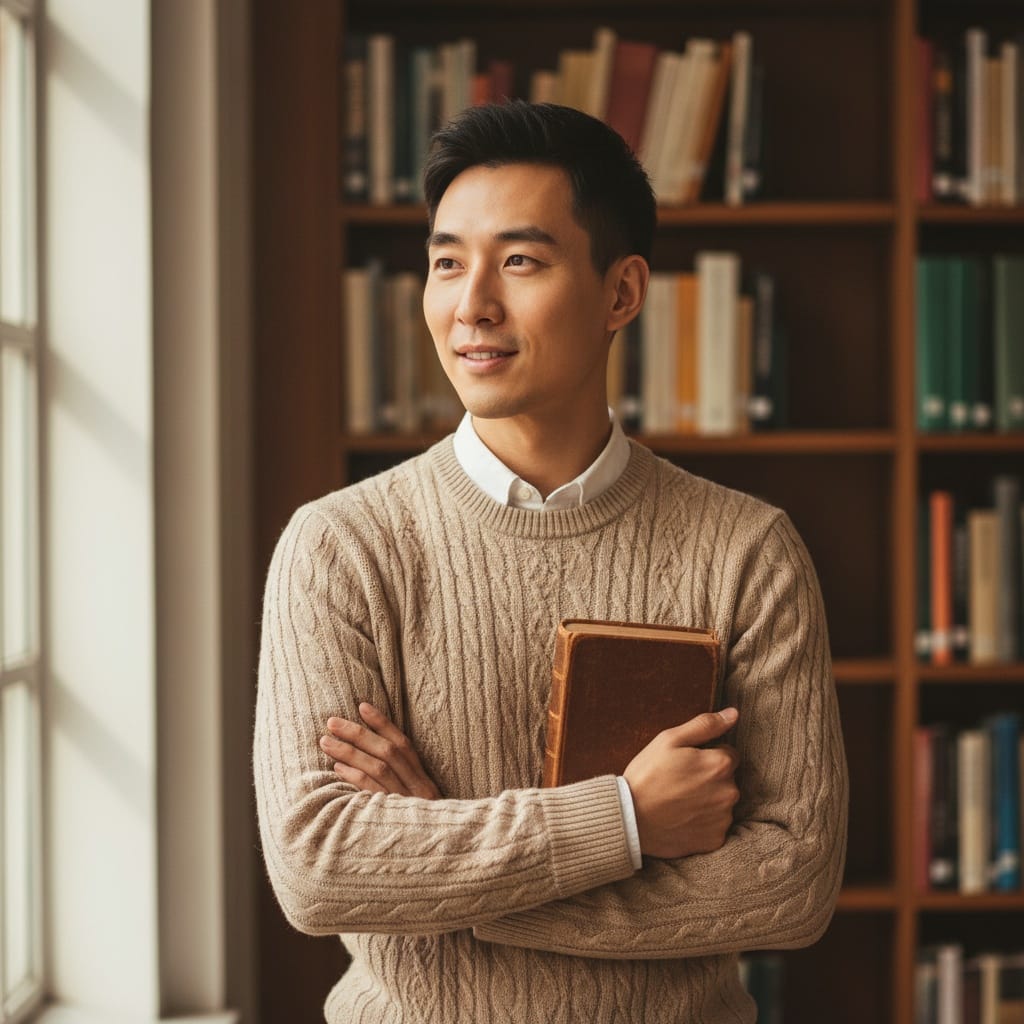 slim asian man library bookshelf portrait 75998758