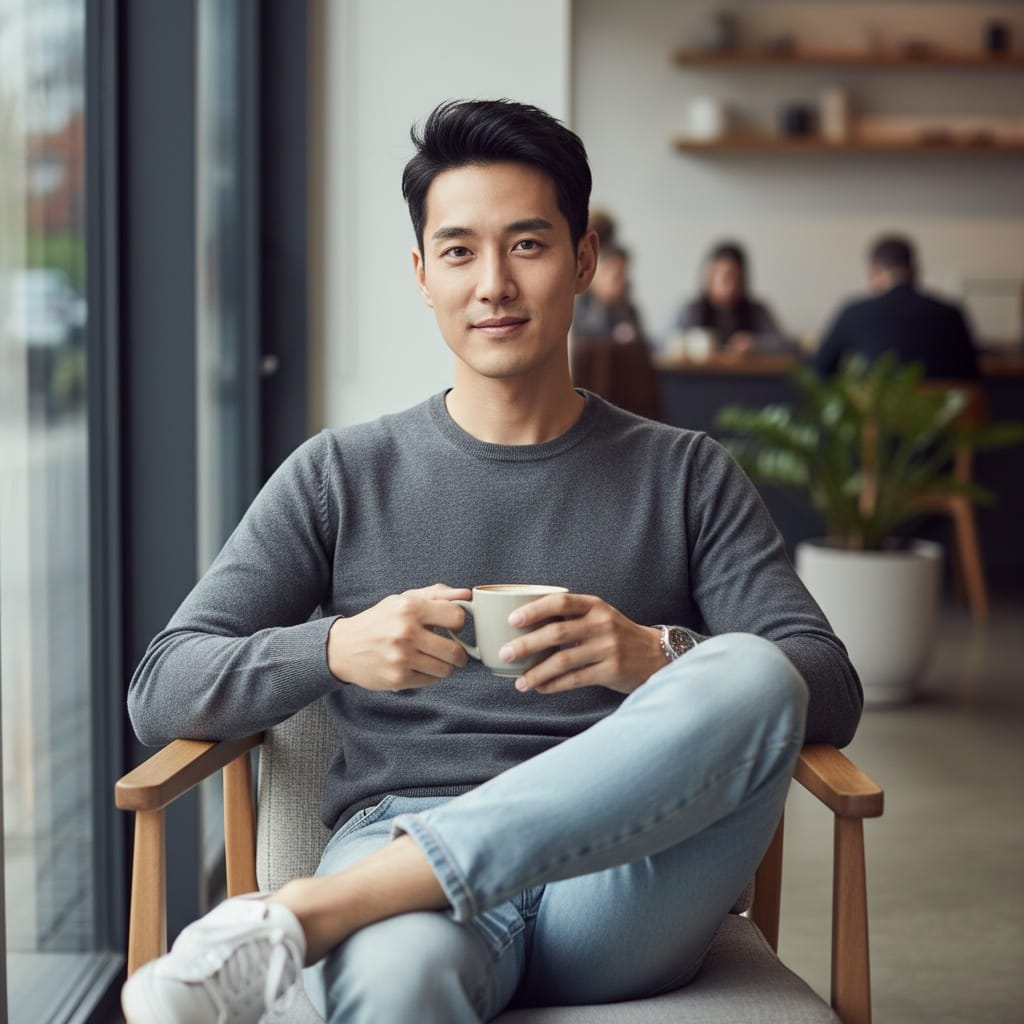 slim asian man lifestyle coffee shop casual 42279849