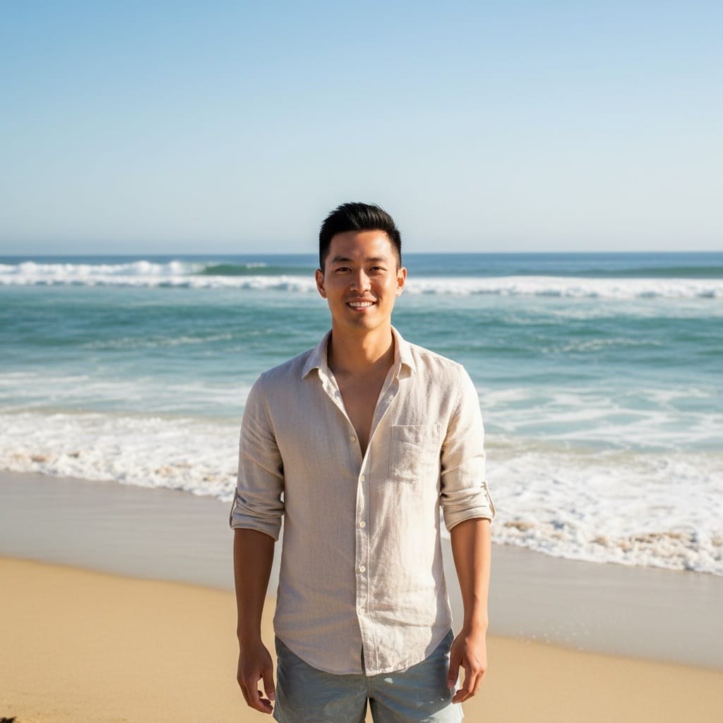 slim asian man malibu beach ocean backdrop 79986201