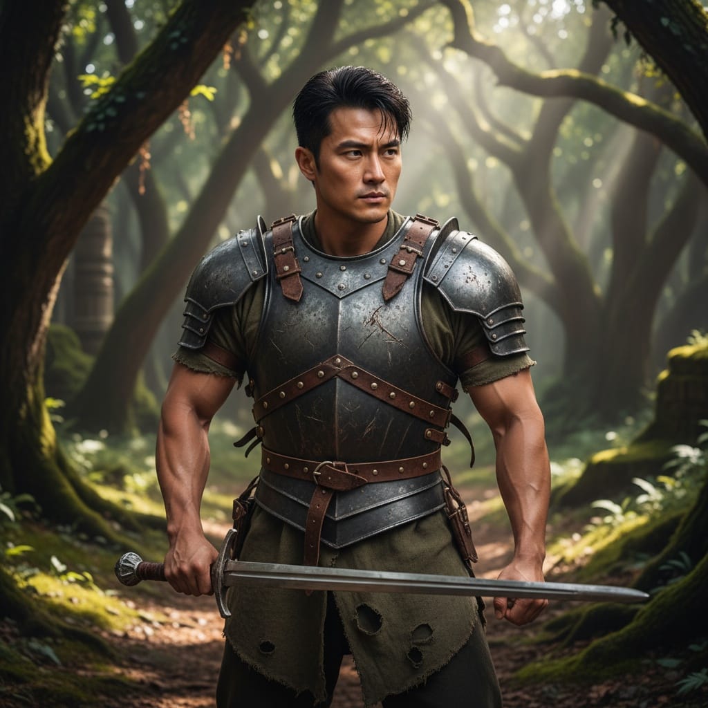 slim asian man medieval warrior forest clearing 23708877