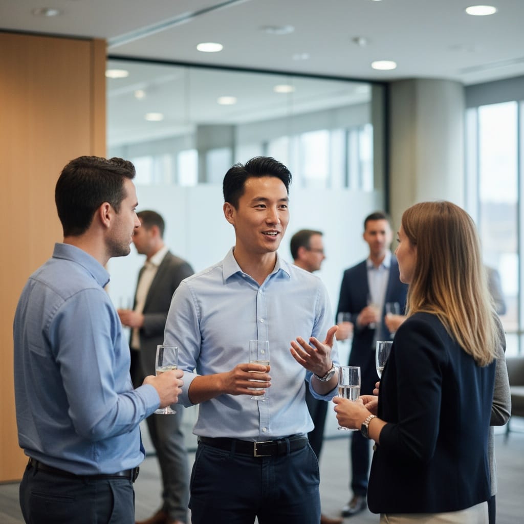 slim asian man mingling crowd engagement 24364274