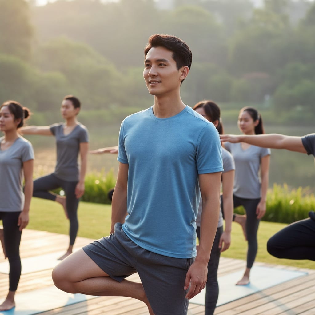 slim asian man morning yoga wellness session 31729192