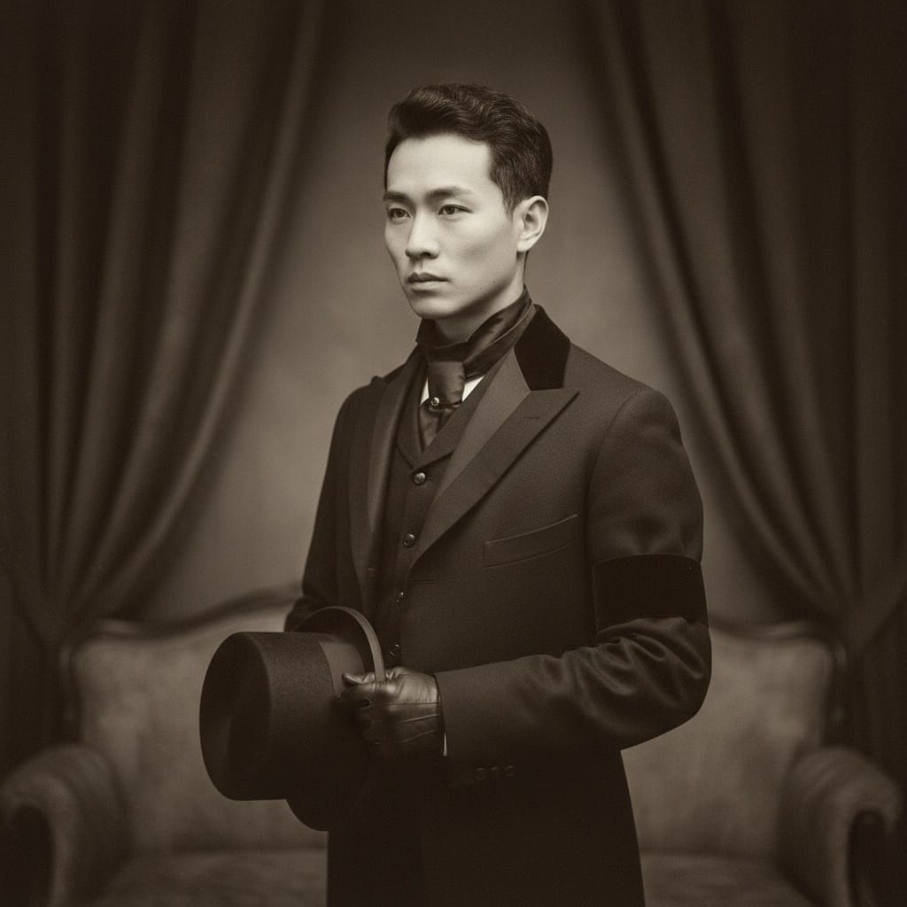 slim asian man mourning memorial portrait 86959109