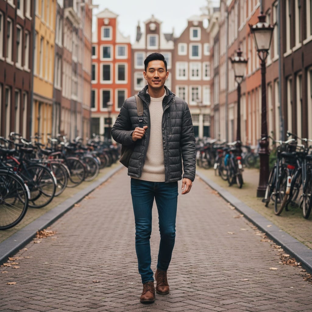slim asian man narrow street bicycles 79838118