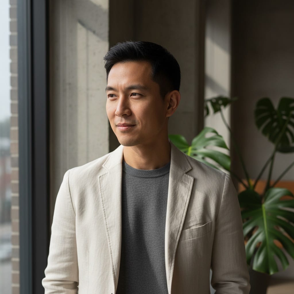 slim asian man natural window light 68571736