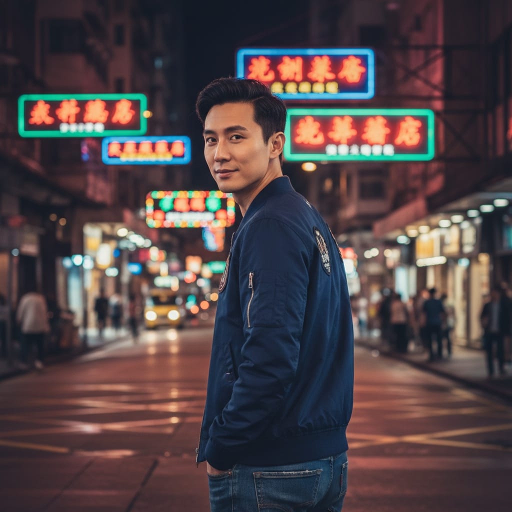 slim asian man neon street night portrait 53573010