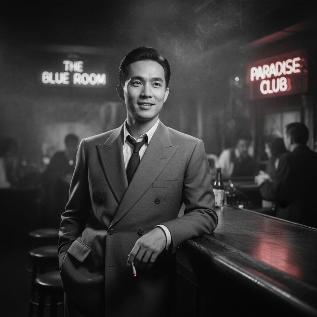 slim asian man noir nightclub scene 92933789