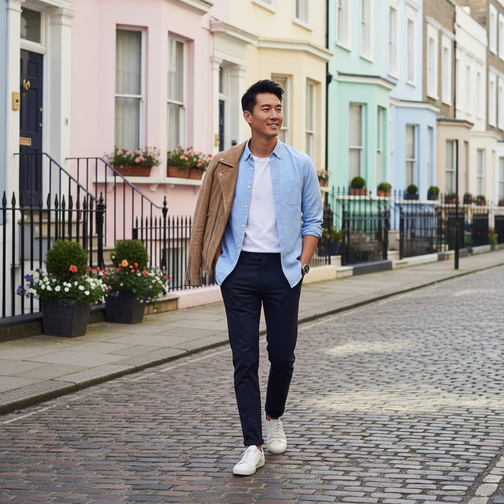 slim asian man notting hill colorful houses 60384205