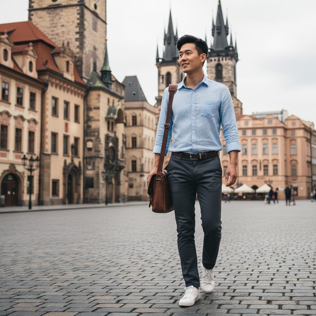 slim asian man old town square cobblestones 35138973