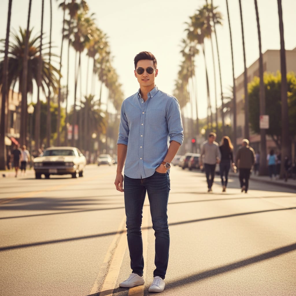 slim asian man palm tree lined street 20357723