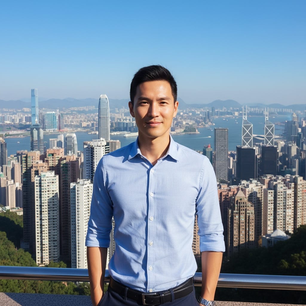 slim asian man peak tram skyline view 72483542