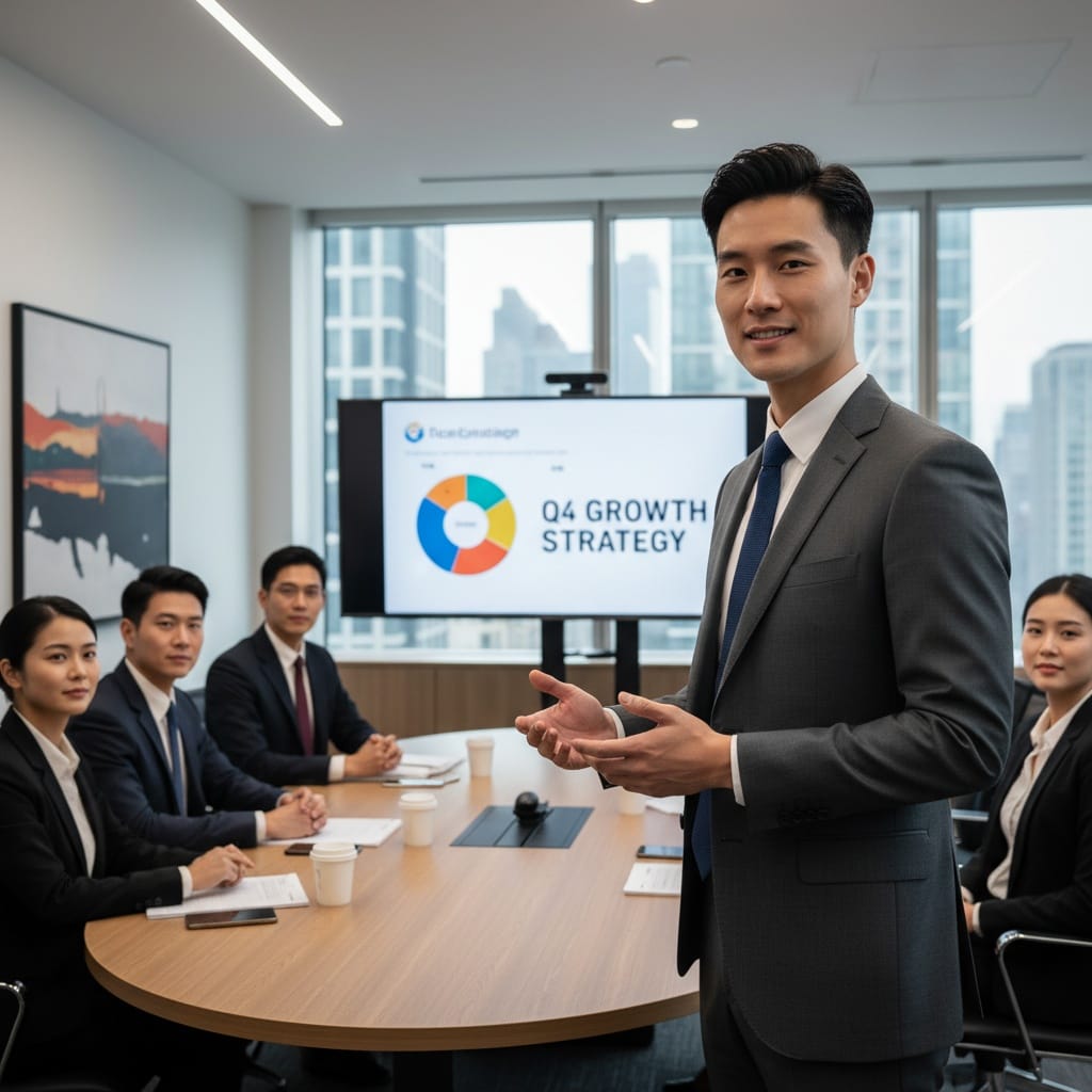 slim asian man presenting to executives 86416380