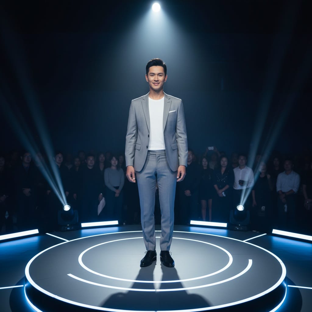 slim asian man product unveiling moment 86014171
