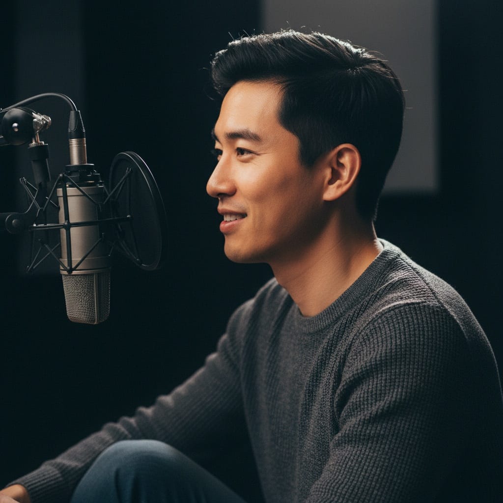 slim asian man profile microphone closeup 61046278