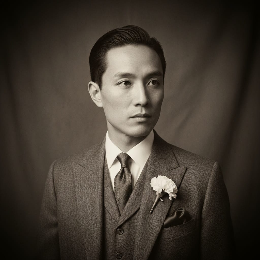 slim asian man prohibition era portrait studio 51579210