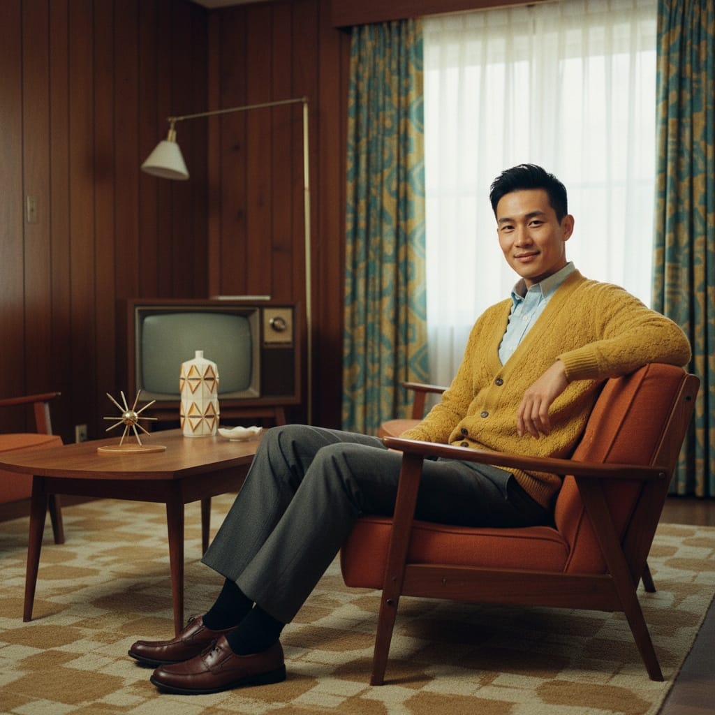 slim asian man retro living room portrait 39245457