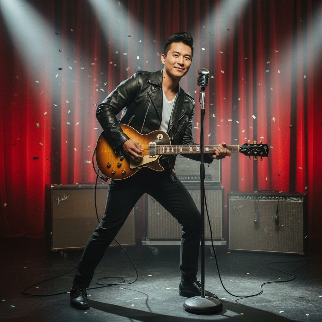 slim asian man rockabilly stage performance 43158869