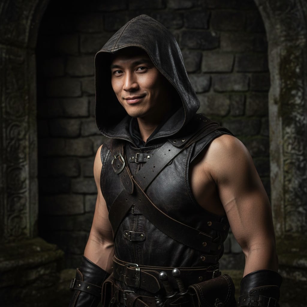 slim asian man rogue thief shadowy portrait 53598627