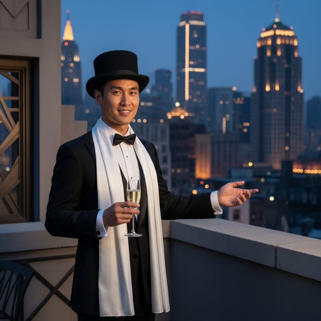 slim asian man rooftop cityscape evening 92581652
