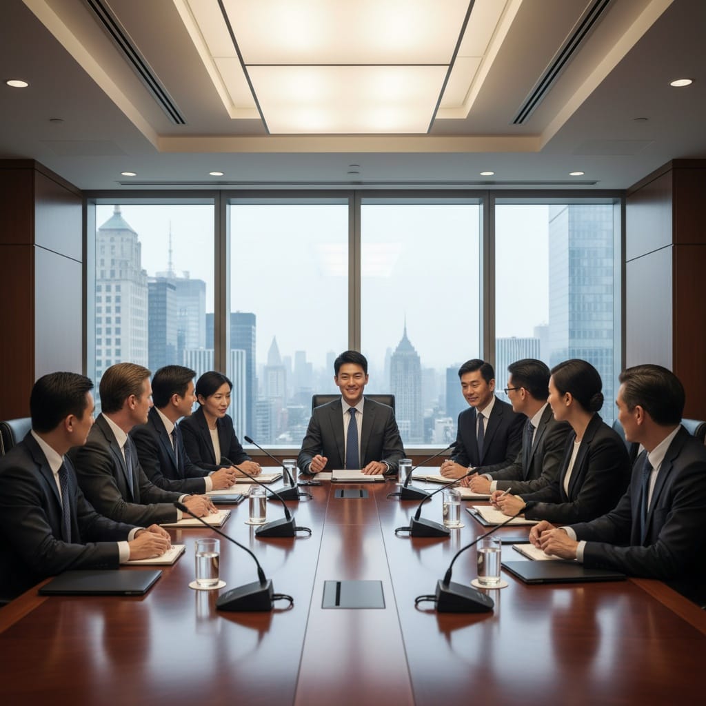 slim asian man roundtable wide establishing shot 20777769