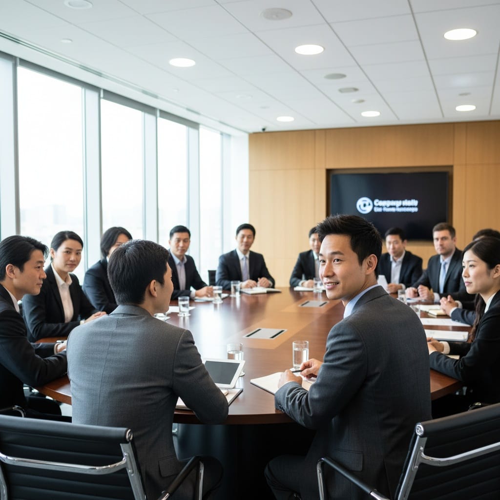 slim asian man seated roundtable discussion 94106692