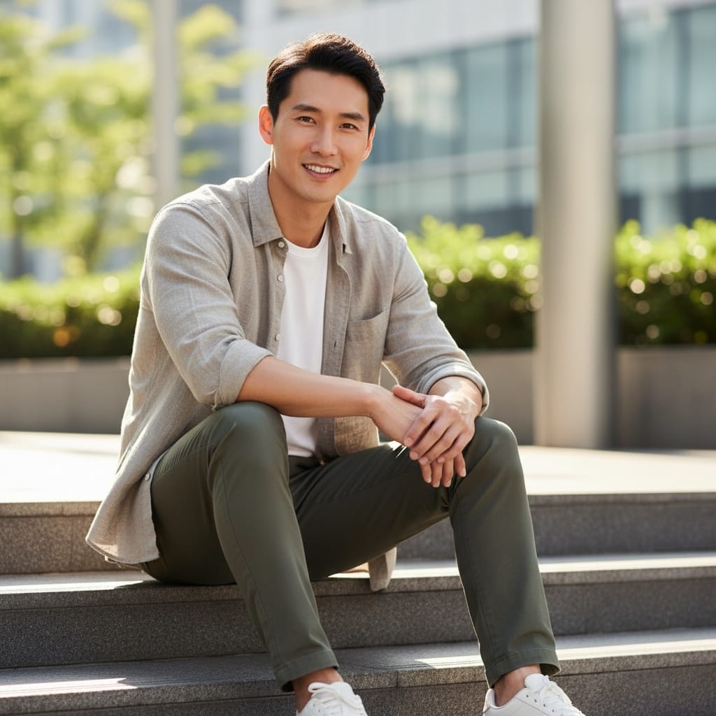 slim asian man sitting relaxed lifestyle pose 44888058