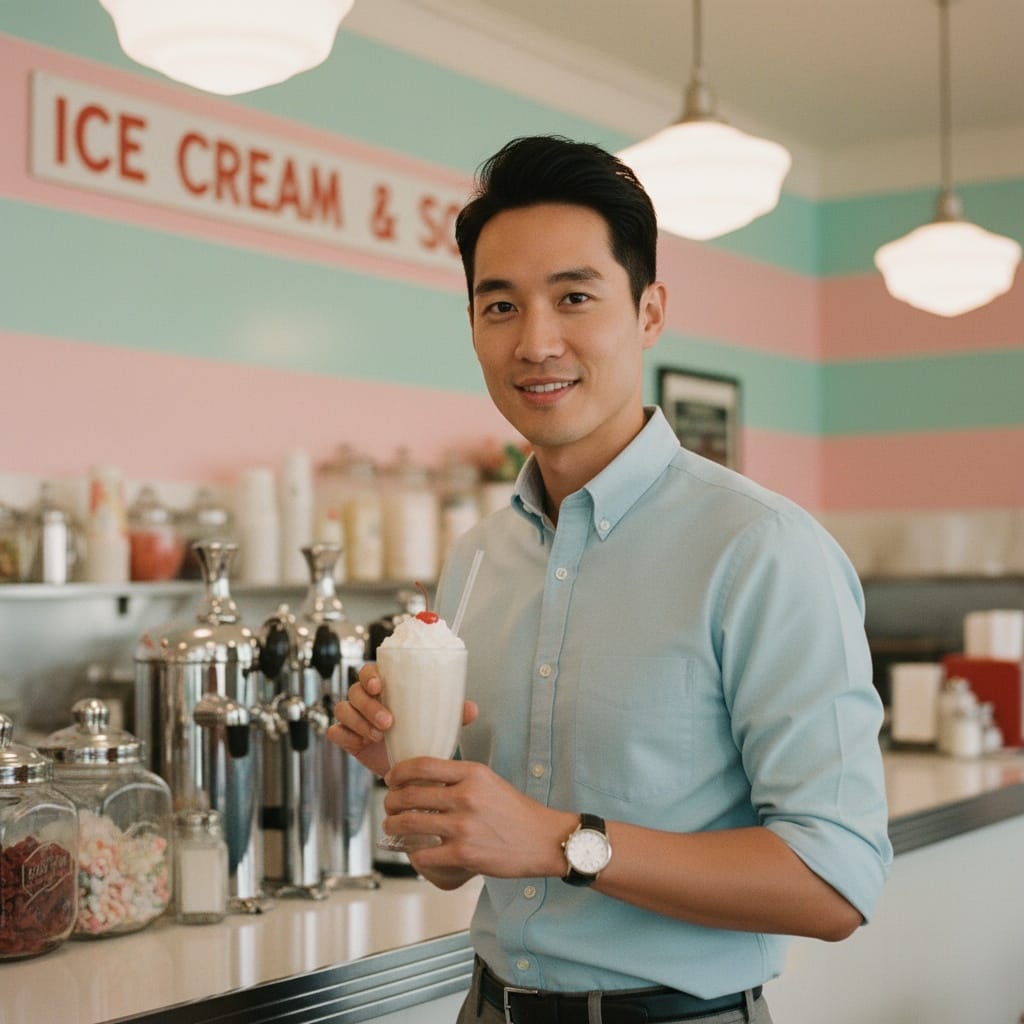 slim asian man soda fountain counter 51293968