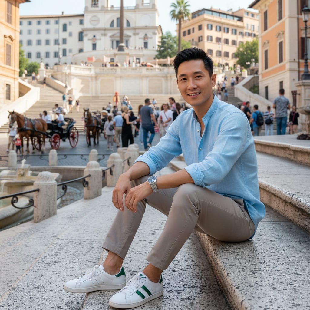 slim asian man spanish steps seated 68260476