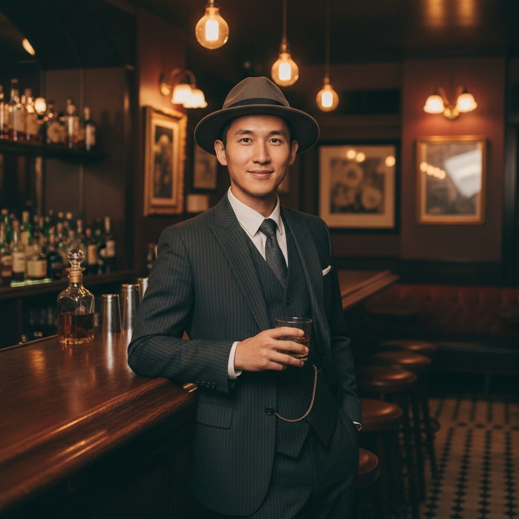 slim asian man speakeasy bar full body 79022901