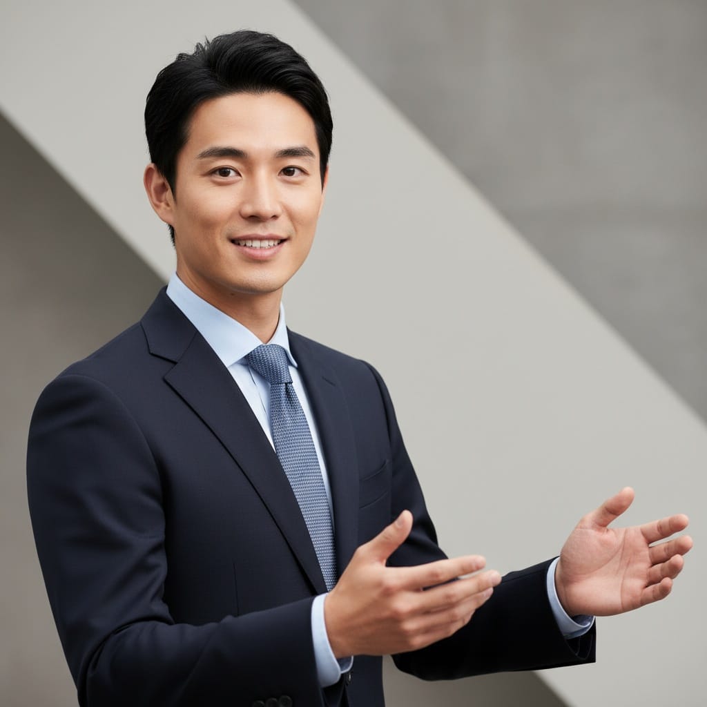 slim asian man speaking presenting confident 12688821