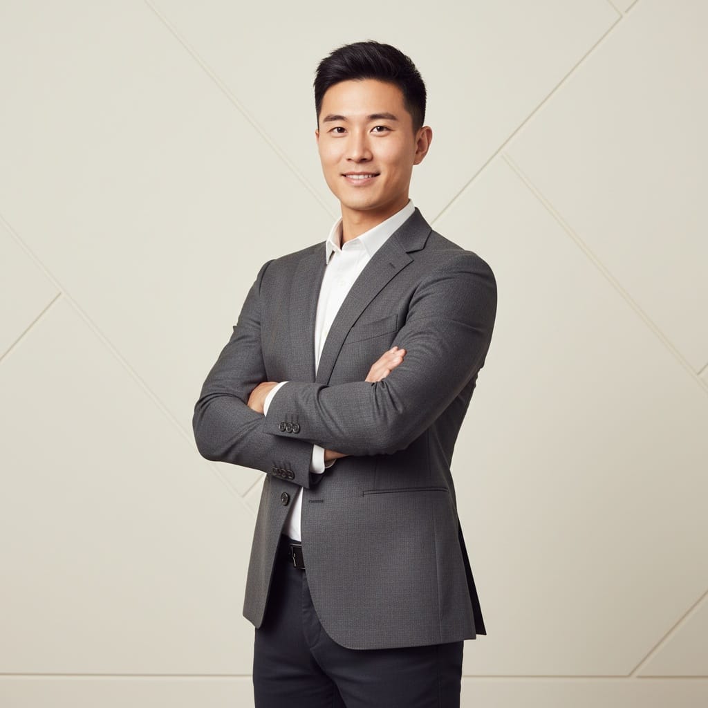 slim asian man standing arms crossed power 32195739