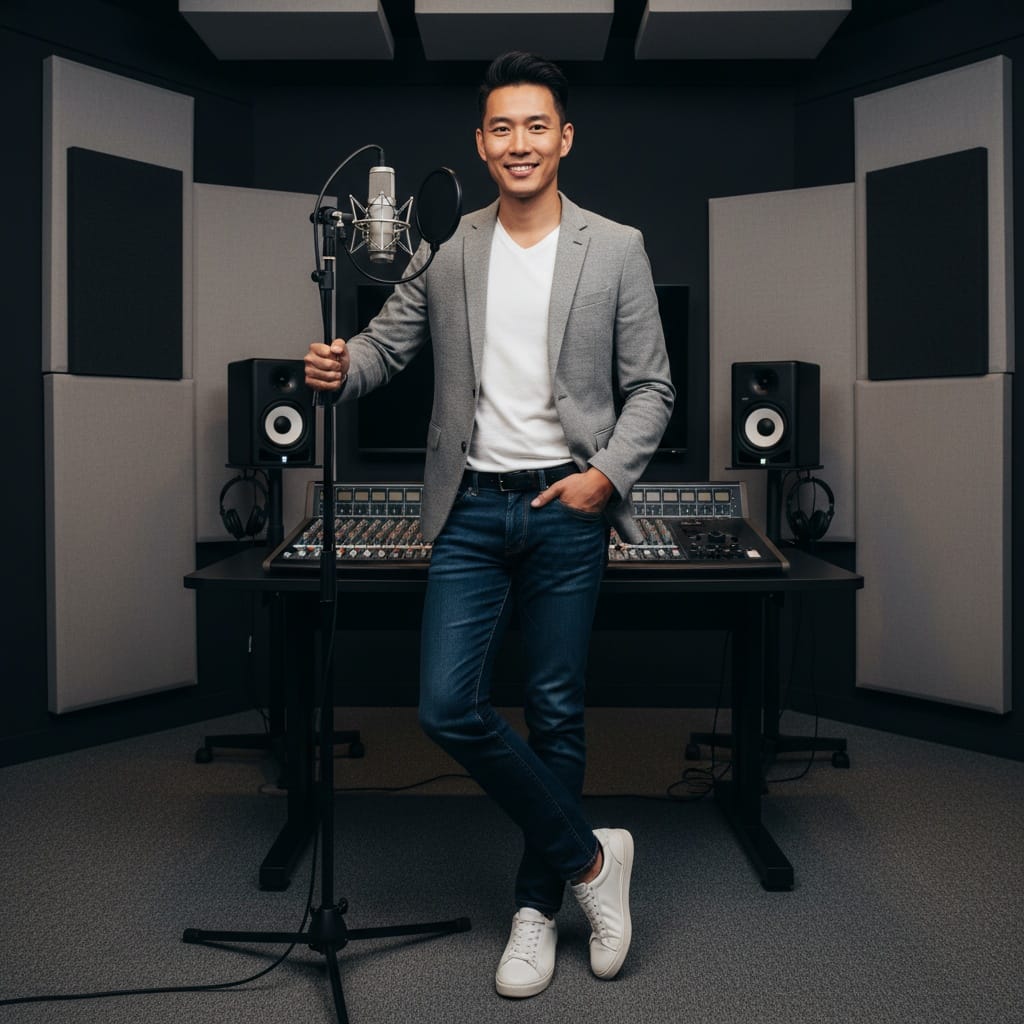 slim asian man standing studio full body 83108669